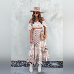 JABEZ PRINTED RUFFLE TIERED MIDI SKIRT & CROP TOP